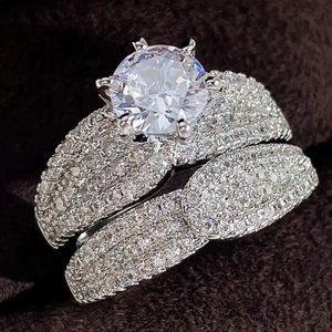 COPY - 2 Pcs/set 925 Silver Plated Bridal Wedding Zircon Ring For Women Size 8
